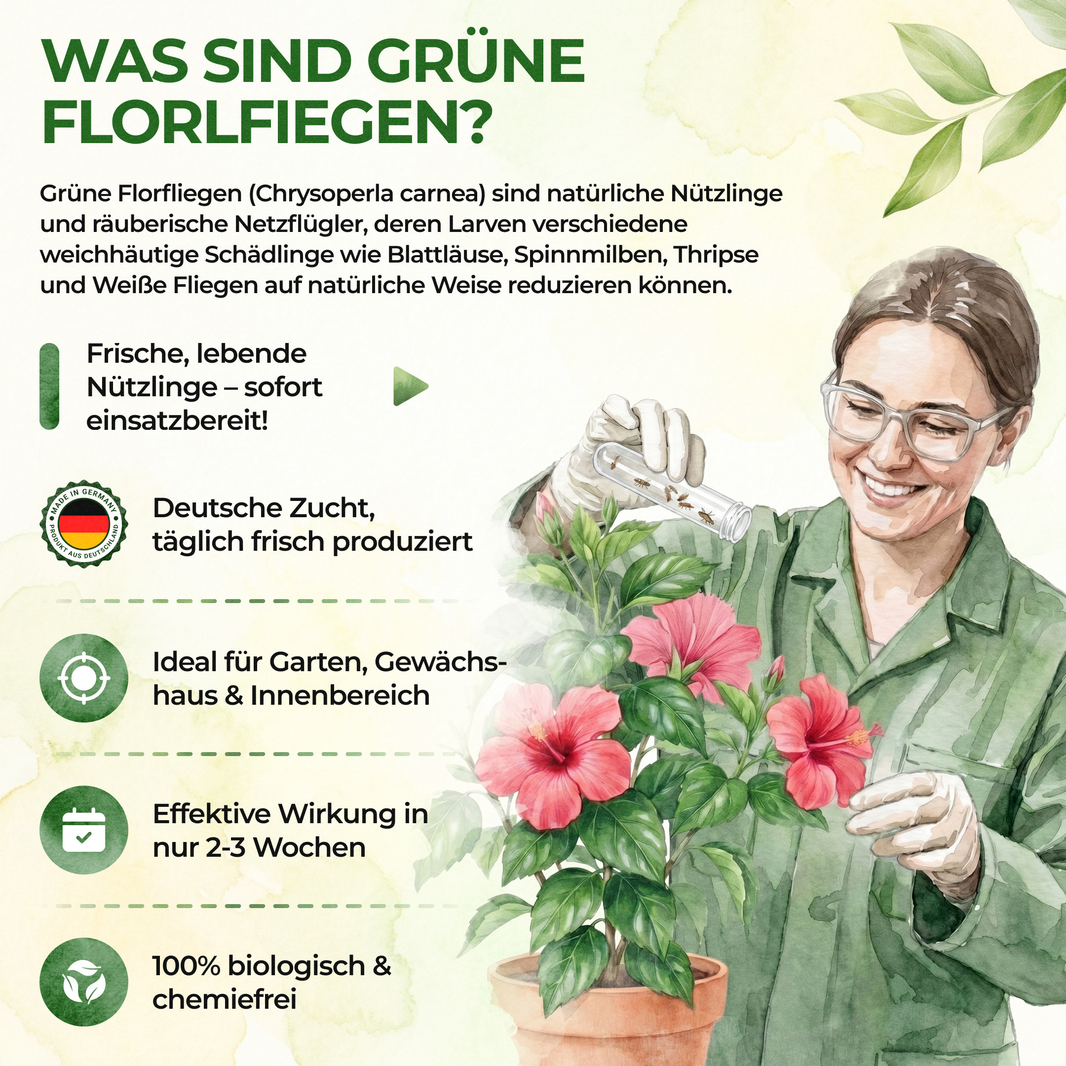 Grüne Florfliegenlarven gegen Blattläuse, Thripse, Spinnmilben und Co.