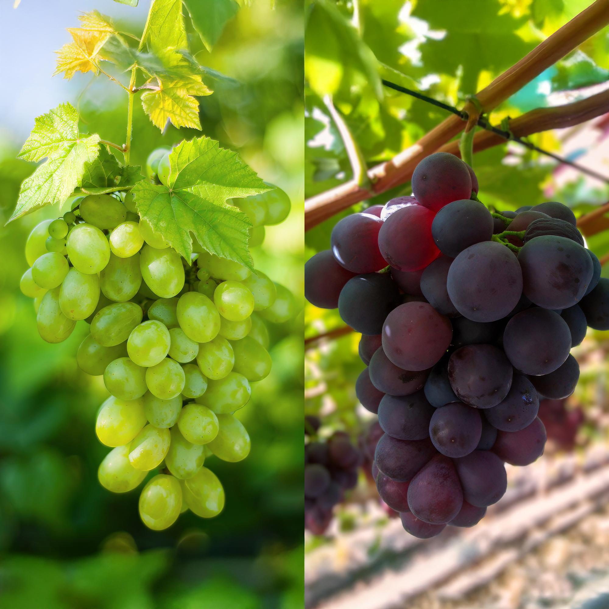 Vitis vinifera 'Vanessa' y 'Himrod': uvas sin semillas, moradas y blancas, 2 plantas, maceta de 15 cm, 50 cm de altura